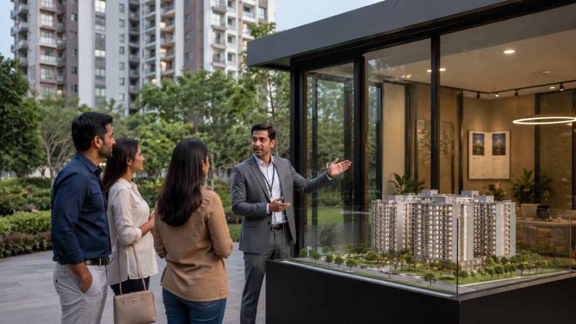 A sales professional explaining a residential project to clients.